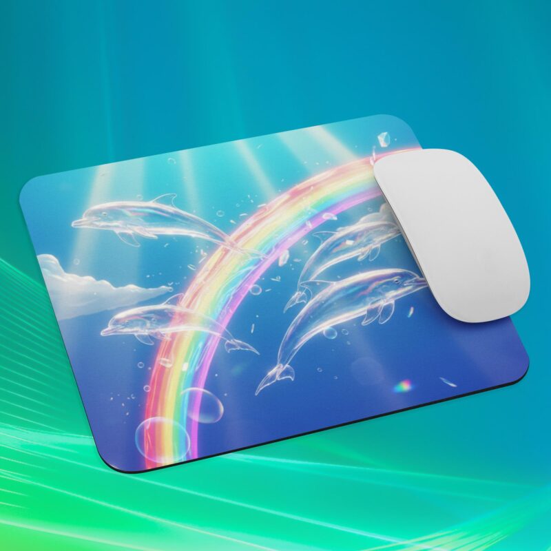 Frutiger Aero mouse pad with rainbow dolphins design