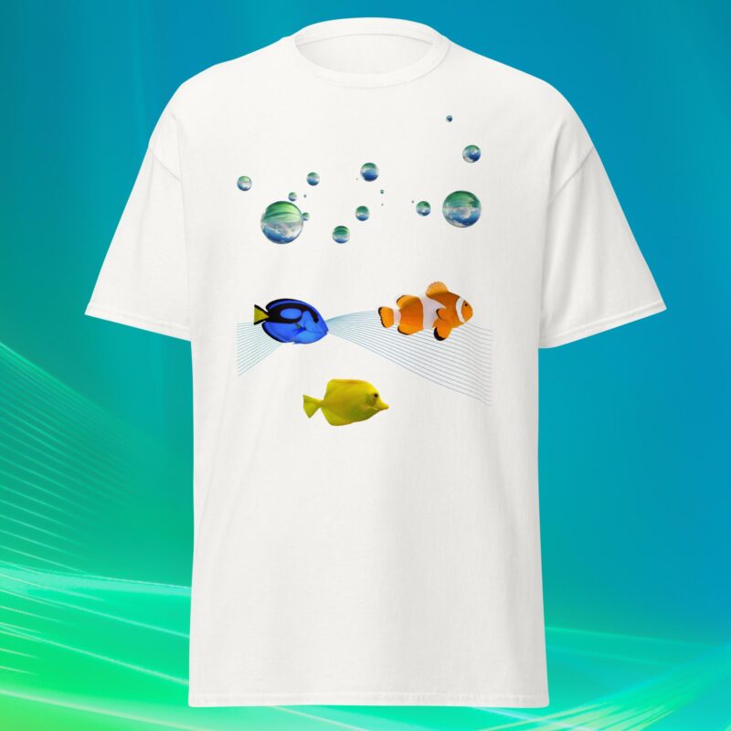 White unisex cotton t-shirt with colorful tropical fish print and bubble design