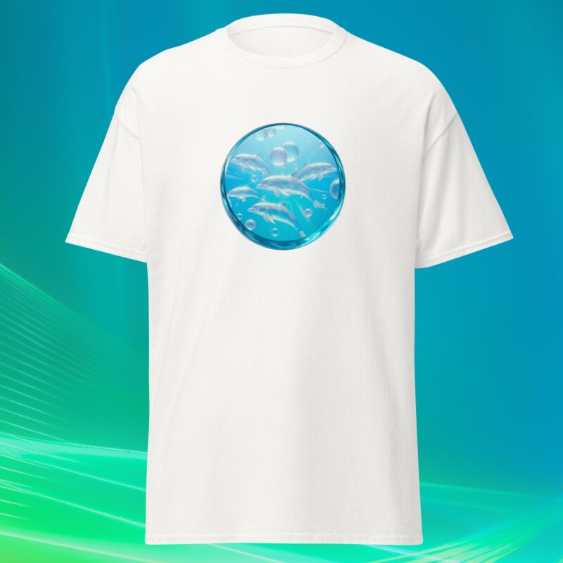 White unisex cotton tee with blue water drop design