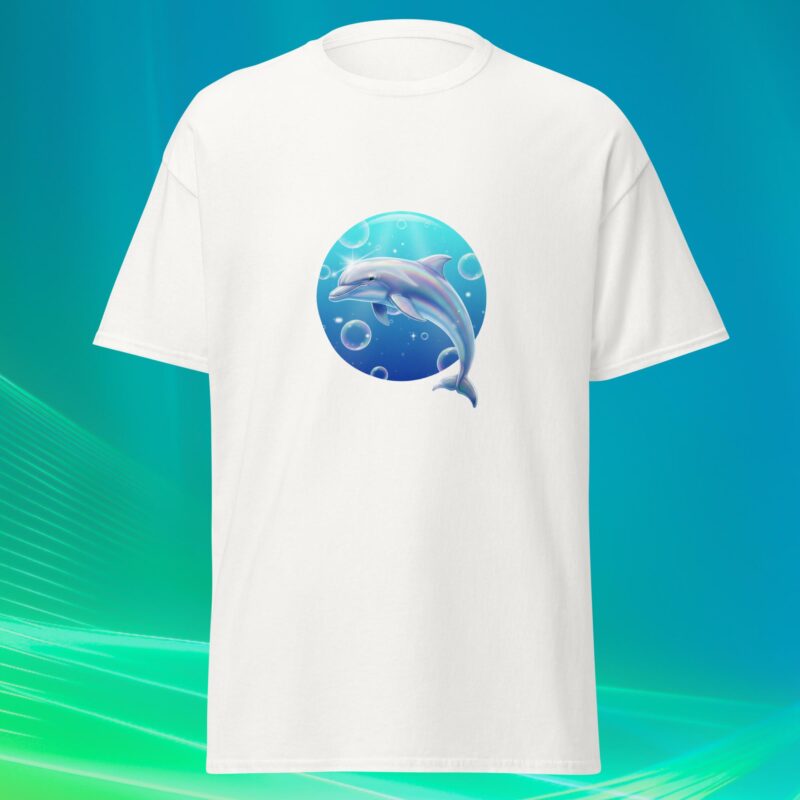 White unisex cotton t-shirt with dolphin graphic design