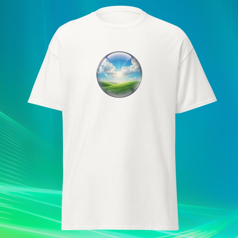 Unisex white cotton t-shirt with Frutiger Aero cloud globe print