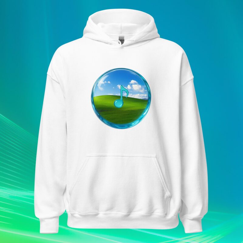 White hoodie with Frutiger Aero orb design on the front