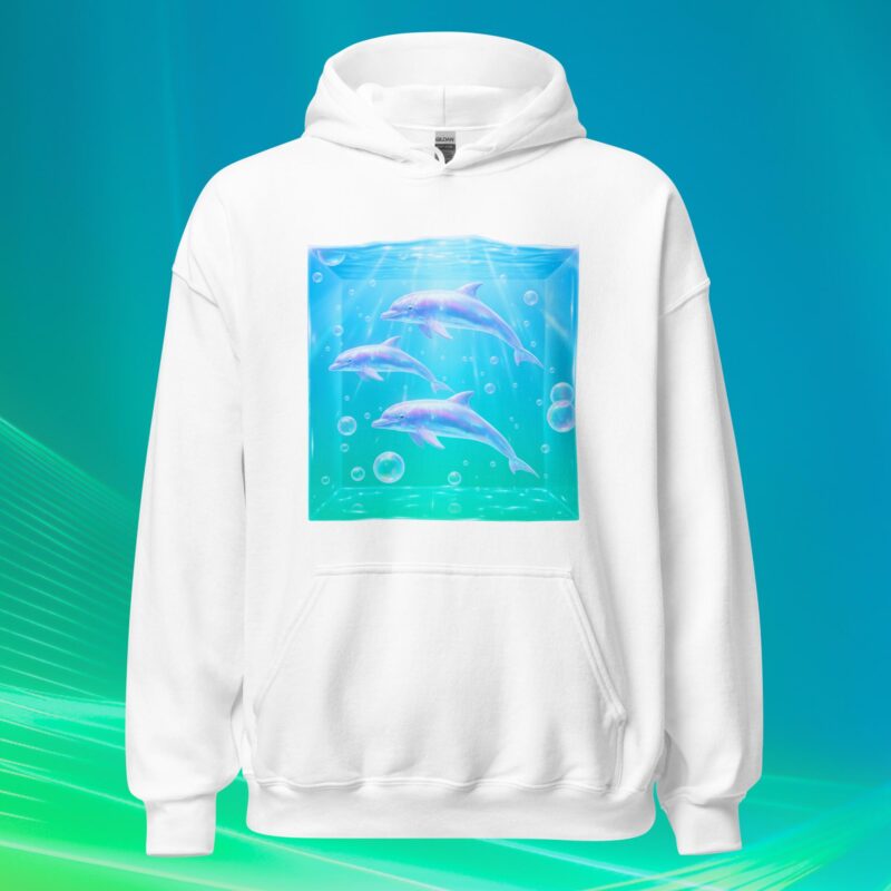 White hoodie with Frutiger Aero dolphin print on front