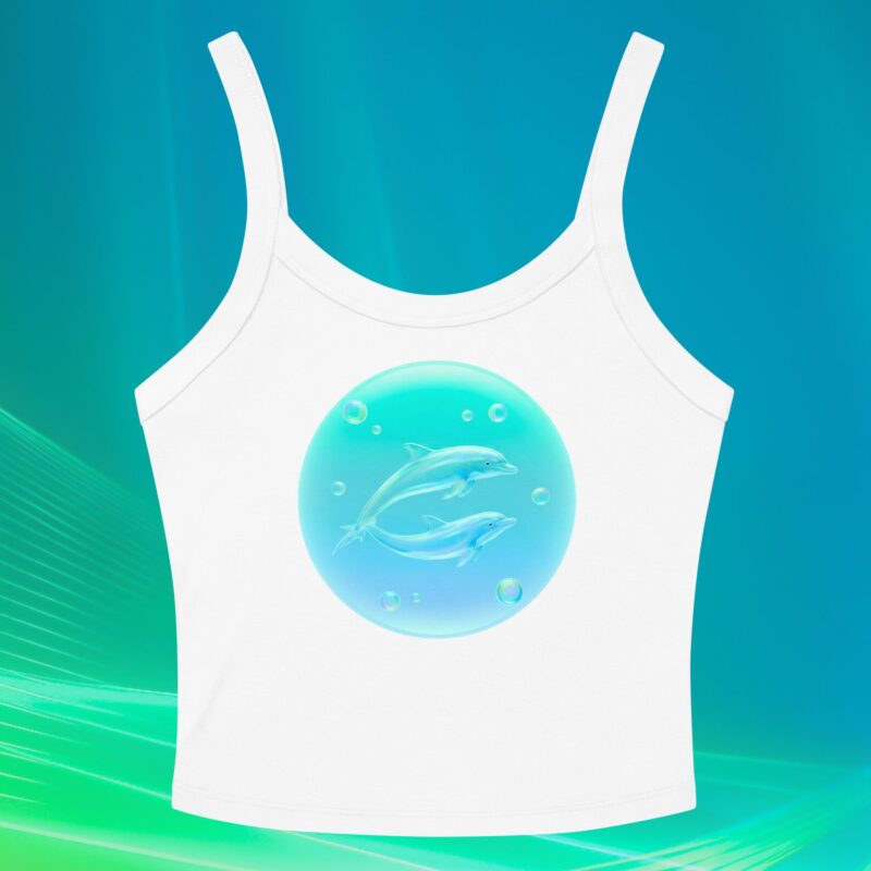 White mid-length tank top with Frutiger Aero dolphin bubble design.